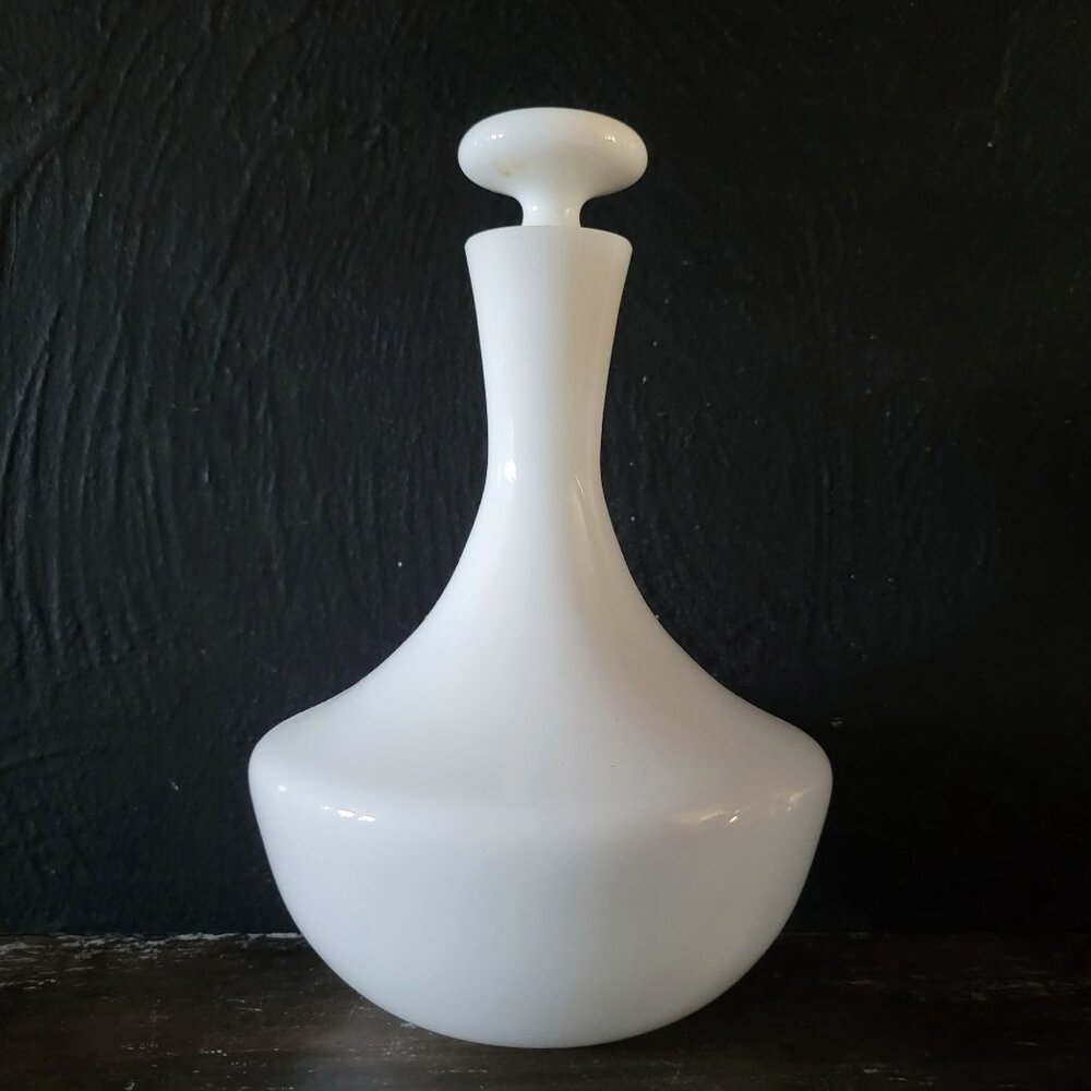 Vintage Portuguese White Opaline Glass Decanter With Solid Top By Block